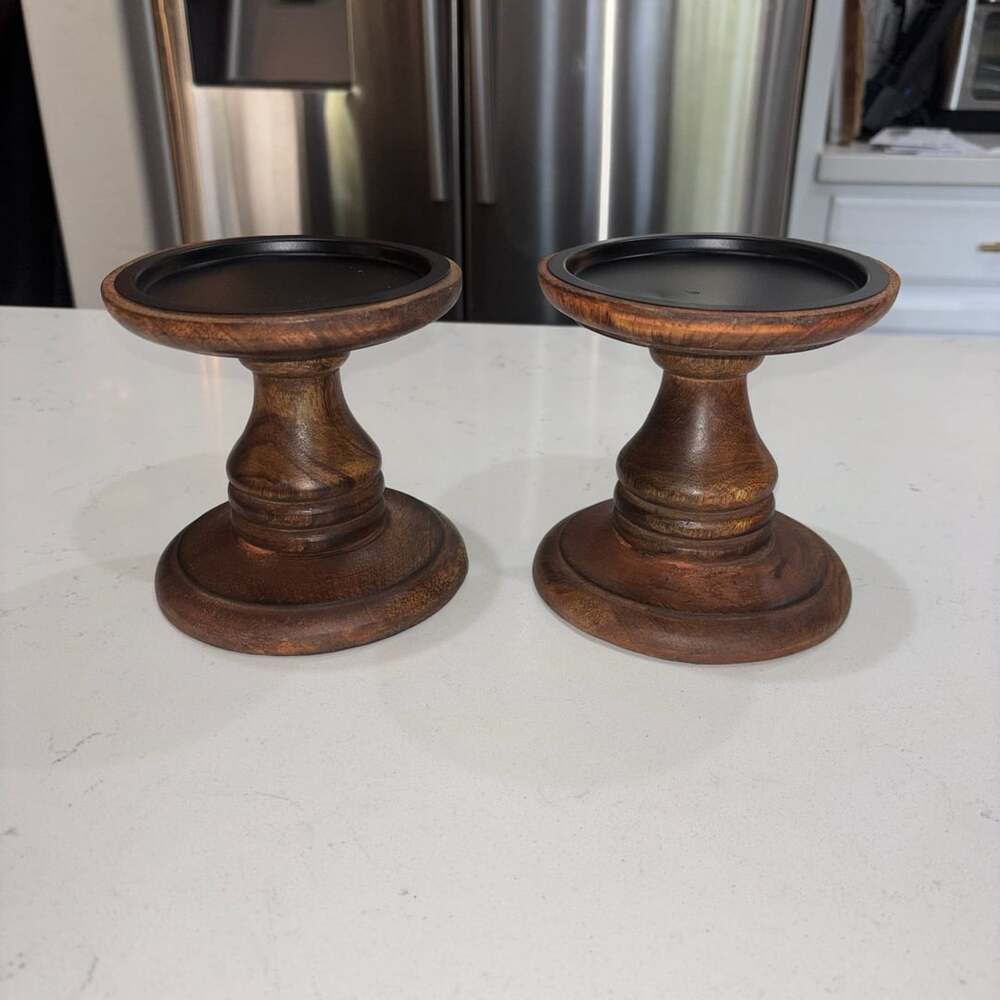 Hosley Wood Pillar Candle Holders Dark Brown, Set of 2